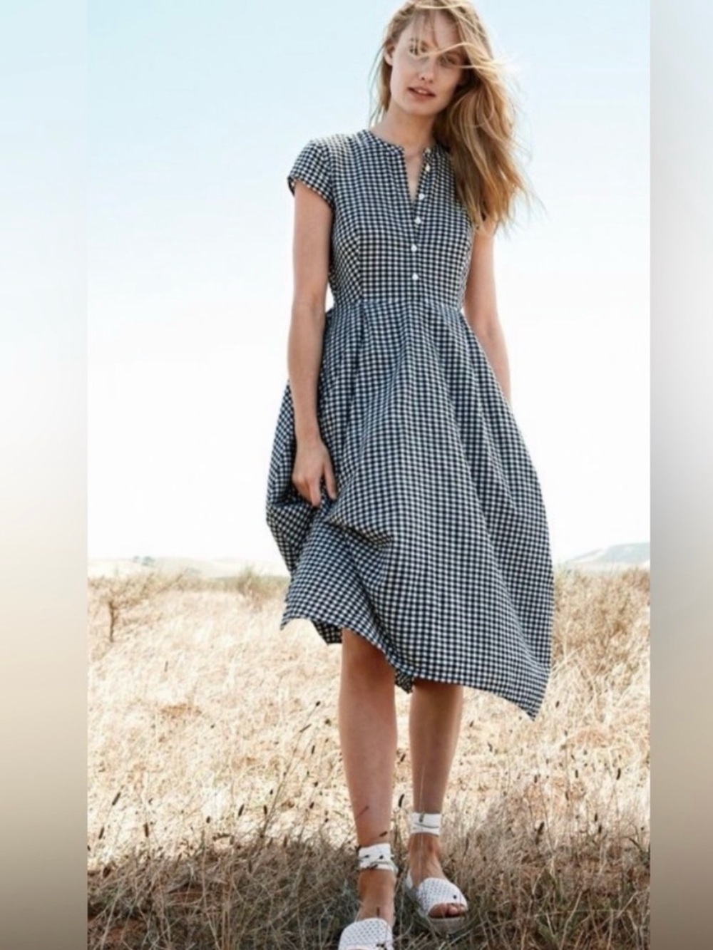 J. Crew Black & White Gingham Fit-and-Flare Midi cotton Dress